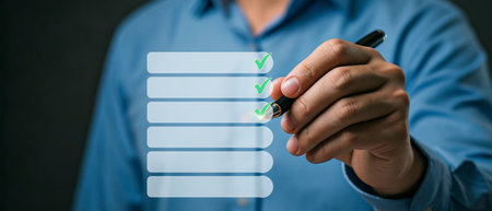 Modern man performing digital task management with a stylus.,great for creativity, strategy, and corporate development visuals.Wide shot. Space for text.の素材