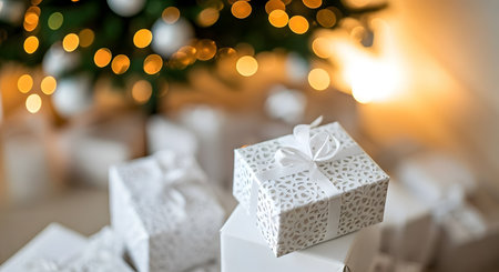 Christmas presents boxes with festive bokeh background creating a festive, joyful holiday atmosphere. Copy space. Close up pictureの素材