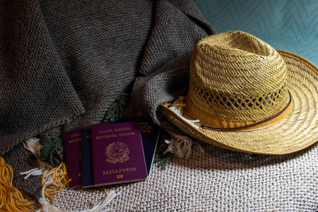 Travel documents and passport, straw hat for travel preparation.Travel concept. Copy space