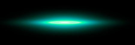 Blue-green beam laser with bright lens flare effect that creates a luminous, futuristic graphic overlay. Black backgroundの写真素材