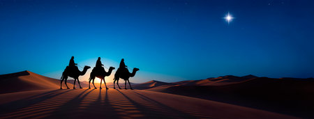 Three wise men follow the star of bethlehem across desert dunes during their journey to the nativity, symbolizing the christian feast of epiphany and christmas seasonの素材