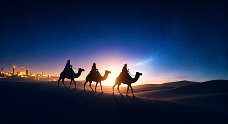 Three wise men riding camels following the bethlehem star. Wide horizontal shot. Space for text. Perfect for projects backgroundsの素材