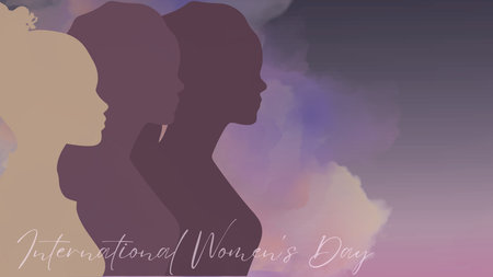 Diverse group of women from multiple cultures standing together under a sky with international womens day text, celebrating unity, empowerment, equality and sisterhood.の写真素材