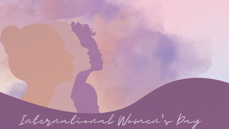 International womens day celebrating female empowerment and global diversity, featuring multiracial women silhouettes expressing strength and equality on a purple backgroundの写真素材