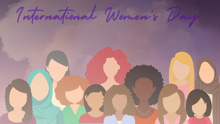 Horizontal banner of International womens day .Concept of female empowerment and global diversity, featuring a group of multiracial women standing together united and strong.の写真素材