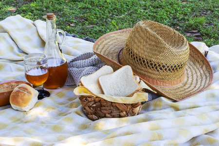 Picnic spread with fresh bread, a beverage carafe and glass, and a straw hat arranged on a checkered blanket over green grass, depicting summer relaxation and outdoor diningの写真素材