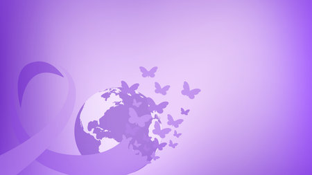 Lavender ribbon embracing planet Earth with butterflies flying free, symbolizing global cancer awareness, healthcare, prevention, and hope for a world without cancerの写真素材