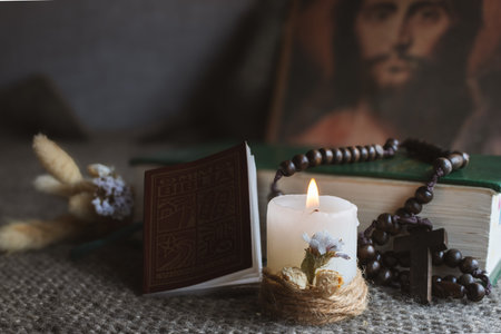 Christian ritual objects creating an atmosphere of devotion and spirituality symbolizing faith,...