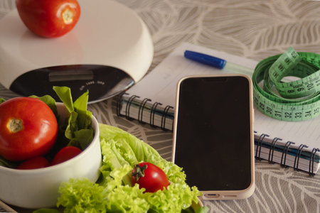 Fresh tomatoes and lettuce, a kitchen scale, measuring tape, notebook, and smartphone lay on a...