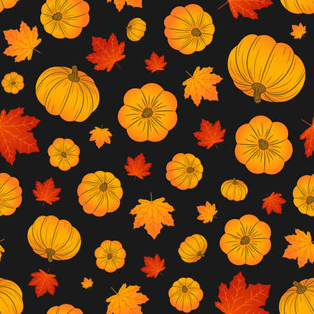 Pumpkins and maple leaves seamless pattern. Autumn, fall vector illustration. Halloween.のイラスト素材
