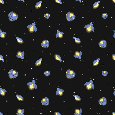 Cute cartoon flying fireflies and stars seamless pattern. Magical night vector illustrationのイラスト素材