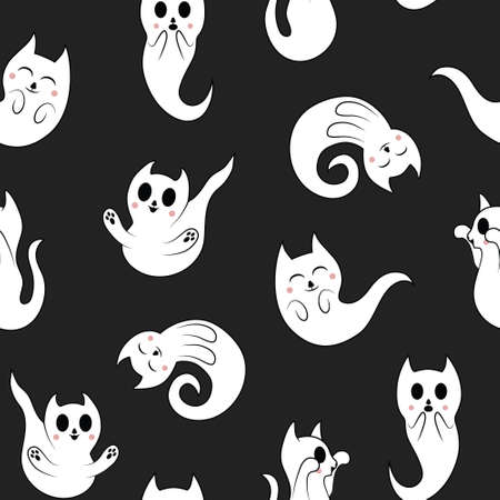 Cute kawaii ghost kittens seamless pattern. Cat cartoon character, autumn halloween october funのイラスト素材