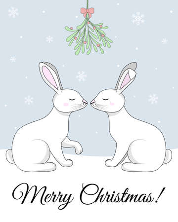 Cute white bunnies, rabbits or hares kissing under the mistletoe. Merry Christmas lovely greeting cardのイラスト素材