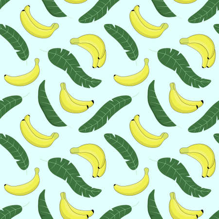 Cute bananas and leaves seamless pattern on light blue backgroundのイラスト素材