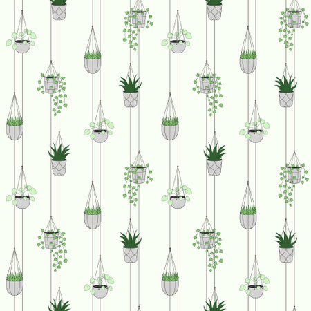 Home plants in hanging pots seamless pattern. Cartoon flat style vector illustrationのイラスト素材