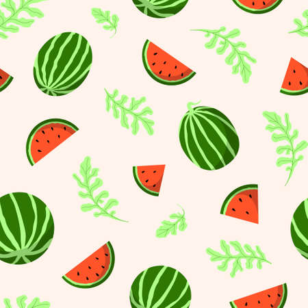 Watermelon fruit, bright red slices and green leaves seamless pattern. Fresh juicy summer design, flat vector illustrationのイラスト素材