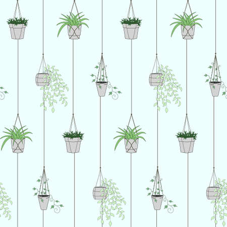 Home plants in hanging pots seamless pattern. Cartoon flat style vector illustrationのイラスト素材