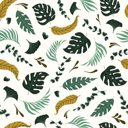 Green tropical leaves seamless pattern. Summer flat vector illustrationのイラスト素材