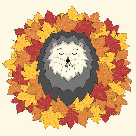 Cute cartoon hedgehog character sleeping on a heap of fall leaves. Red, yellow and orange maple leaves. Flat vector illustration isolated. Autumn seasonのイラスト素材