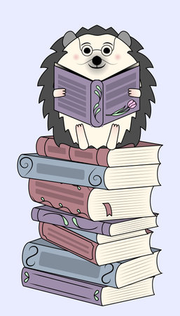 Lovely hedgehog in glasses sitting on top of a books stack and reading. Cute cartoon character illustration. Flat style, isolatedのイラスト素材