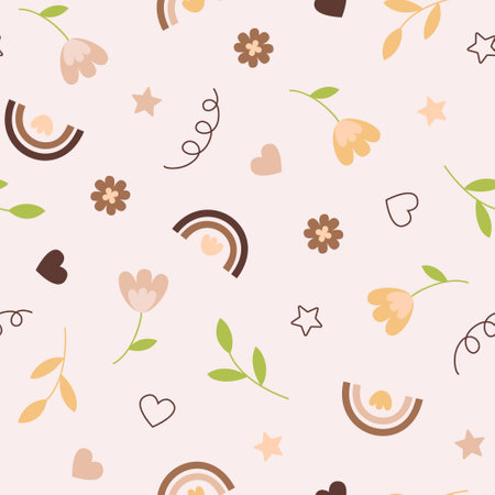 Romantic seamless pattern with flowers, stars, leaves, rainbow and hearts. Abstract girlish doodle, background. Vector art with pastel colorsのイラスト素材