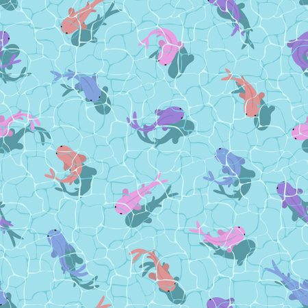 Cute colorful fish swimming underwater and casting shadows in clear blue water. Ocean surface seamless pattern, top view. Summer nature, sea life.のイラスト素材