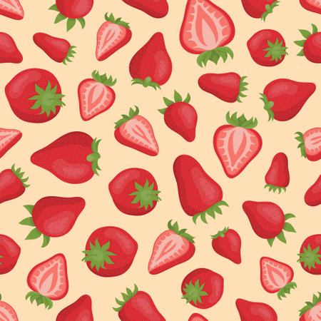Sweet colorful strawberries seamless pattern. Summer juicy berry vector illustration. Cartoon, flat style.のイラスト素材