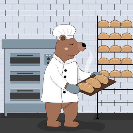 Cute bear works as a baker. Cartoon animal chef took out of the oven and holds freshly baked fragrant bread. Profession, occupation, job, flat vector illustrationのイラスト素材