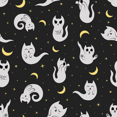 Cute cat ghosts, moon and stars seamless pattern. Kawaii kitten cartoon character. Fun Halloween night art, flat vector illustration.のイラスト素材