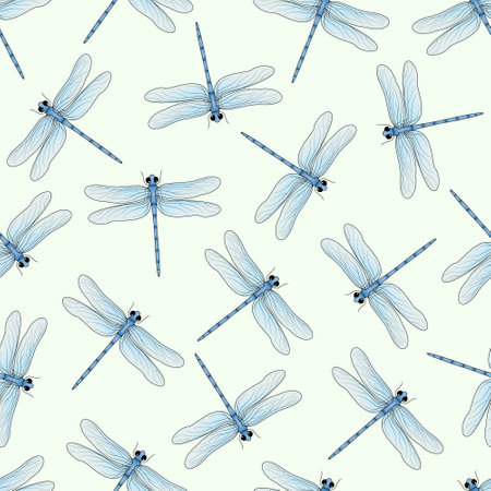 Cute blue dragonflies seamless pattern. Lovely damselfly flat vector illustration. Summer, spring nature, wildlife.のイラスト素材