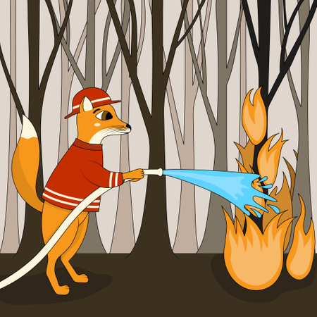 Cute fox firefighter. Cartoon animal character putting out a fire in the forest with water. Profession, occupation, job, flat vector illustration.のイラスト素材