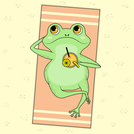 Cute frog character lying on a beach, sunbathing and drinking cocktail. Fun happy cartoon green toad. Top view summer flat vector illustrationのイラスト素材