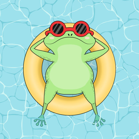 Cute cartoon frog character swimming in a pool with a rubber ring, top view. Fun toad in sunglasses on a summer day. Flat vector illustrationのイラスト素材