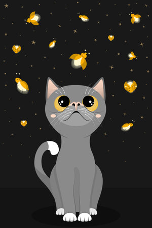 Cute cat watch in fascination on magical fireflies. Lovely kitten look at the night starry sky with shining flying glowworms. Flat vector illustrationのイラスト素材