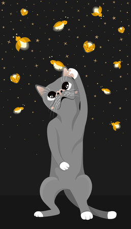 Cute gray cat trying to catch magical fireflies. Cartoon kitten character standing on hind legs and playing with glowworms on a starry night. Flat vector illustrationのイラスト素材