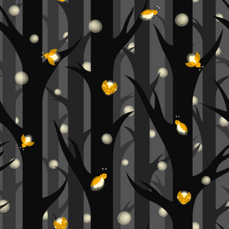 Seamless pattern with cute cartoon shining fireflies flying among trees in the dark forest. Magical night nature in the wild woods flat vector illustrationのイラスト素材