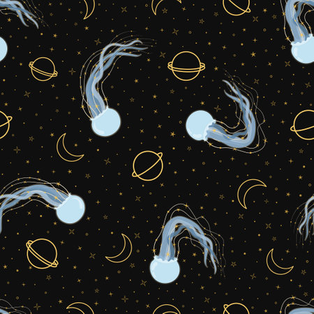 Seamless pattern with cute starry jellyfish, planets, moon and stars. Fantasy art creature swimming in the night sky, floating in the ocean space.のイラスト素材