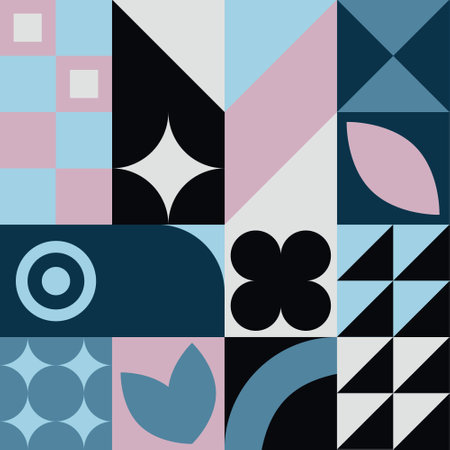 Abstract geometric seamless pattern. Vintage, retro poster with pink, blue, white and black colors. Presentation, squares tile design with simple geometric objects.のイラスト素材