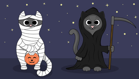 Two cute gray cats wearing Halloween costumes. Set of kawaii kittens dressed as mummy and grim reaper for October holiday. Trick or treat night, flat vector illustration.のイラスト素材