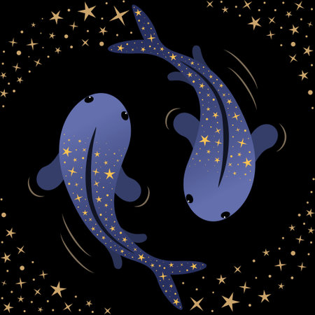 Cute starry fish swimming in circle in the outer space ocean among stars. Galaxy fantasy creatures. Pisces zodiac sign flat vector illustration.のイラスト素材