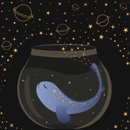 Cute magical starry fish swimming in a glass jar and releases stars into space with a flick of its tail. Fantasy night, dream art. Flat vector illustrationのイラスト素材