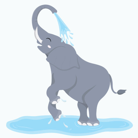 Cute elephant jumps and dances in a puddle and pours water on itself. Playful and joyful baby animal, kawaii cartoon character, flat vector art.のイラスト素材