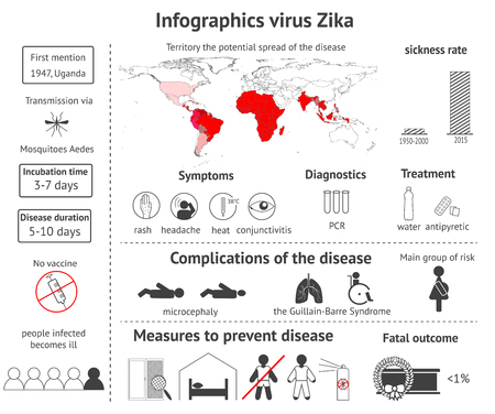 Infographics virus Zika - information about symptoms, treatment, consequences and prevention of illnessのイラスト素材