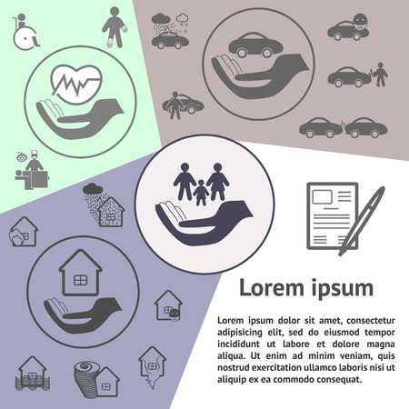Business insurance template: home insurance, auto insurance, family and life insurance. Can be used for brochures, flyers wab sites etc.のイラスト素材