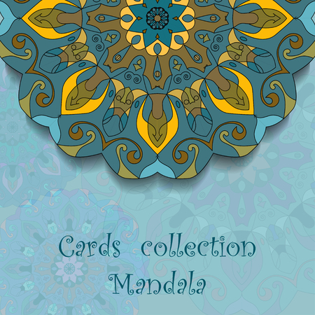 Card design with mandala pattern.  Indian, arabic, orient motifs in blue, orange and brown colors. Can be used for yoga studio, booklet template, greeting card etc.のイラスト素材