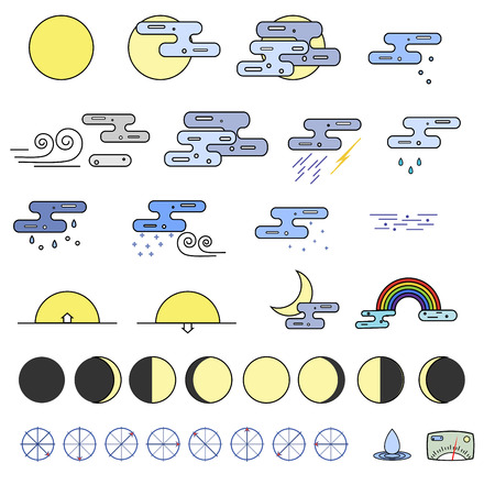 Weather Icons collection and the phases of the moon. Outline modern style. Colorful iconsのイラスト素材