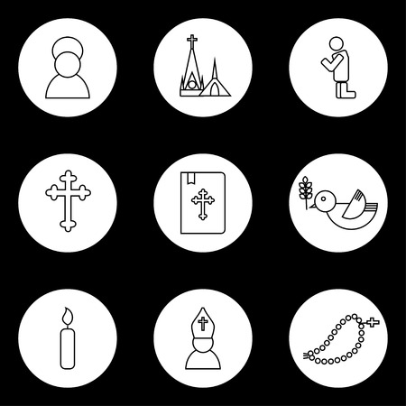 Jesus Christ religion icons set. Christianity pictograms outline style in circle shapeのイラスト素材