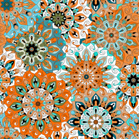 Vintage decorative pattern. Islam, Arabic, Indian, ottoman motifs. Perfect for printing on fabric or paper. Can be used for greeting card or booklet background. Blue and orange colorsのイラスト素材