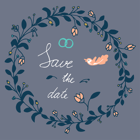 Save the date hand lettering phrase. Vector illustration with flowers for wedding day invitations, cards, decoration. Floral doodle wreath. Flowers and leaves elements.のイラスト素材