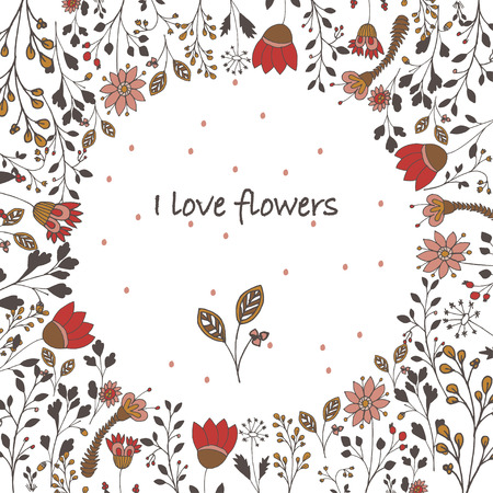 Floral circle frame pattern with flowers. Vector blooming doodle floral textureのイラスト素材